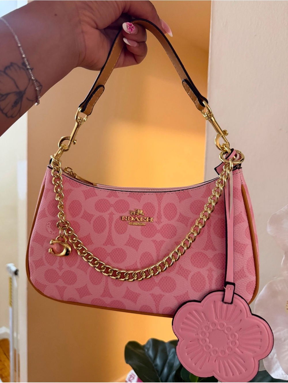 Coach Pink Signature Chain-Detail Shoulder Bag with Floral Charm